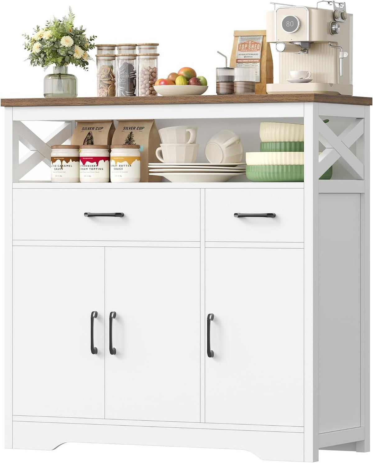 Credenza HOCSOK, 2 cassetti, 105 × 100,5 × 39,5 cm, legno, con contenitore, regolabile, per soggiorno e sala da pranzo
