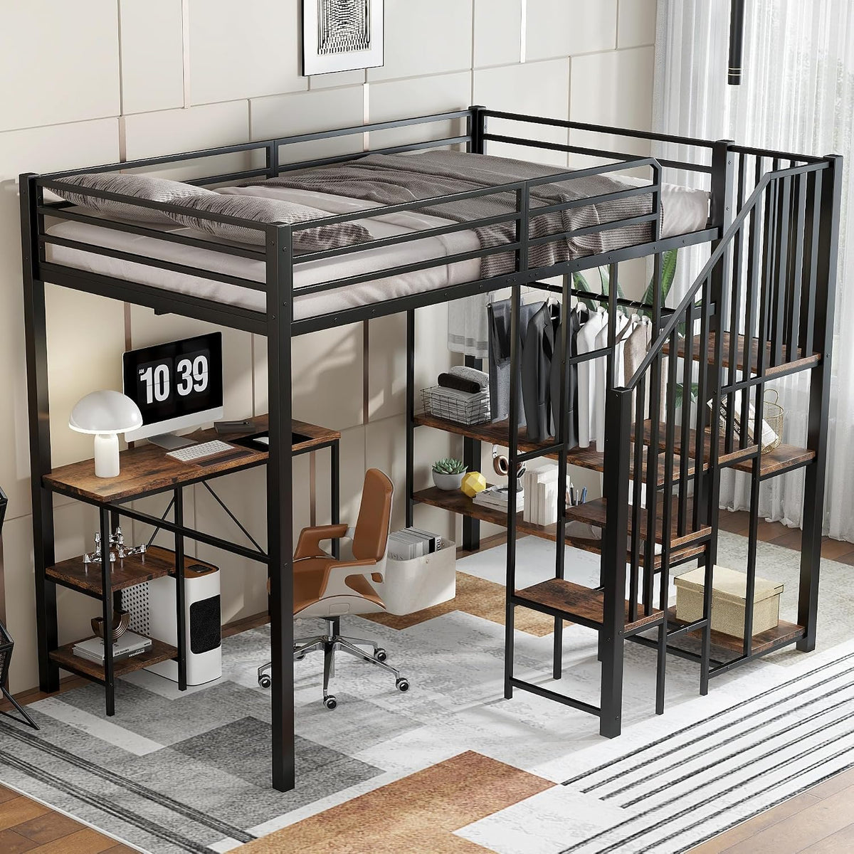 TOBIDOEN Letto a soppalco 120 × 200 cm con scrivania, scaffali, armadio aperto e scala, Nero, ferro e MDF