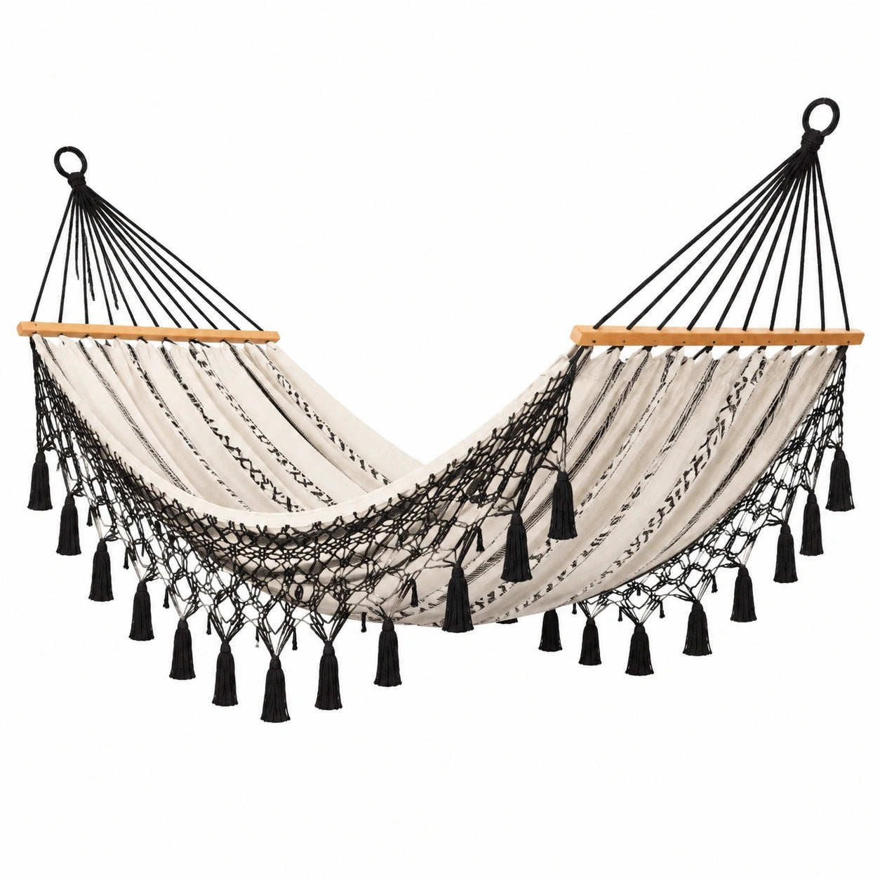 Amaca in cotone bianco e nero con frange e supporti in legno 200x150 cm