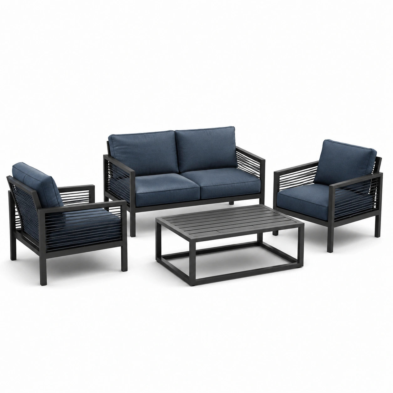 Set da salotto esterno in metallo nero e tessuto blu con divano, poltrone e tavolo