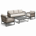 Set salotto da giardino in alluminio con corda e cuscini beige, tavolino in pietra