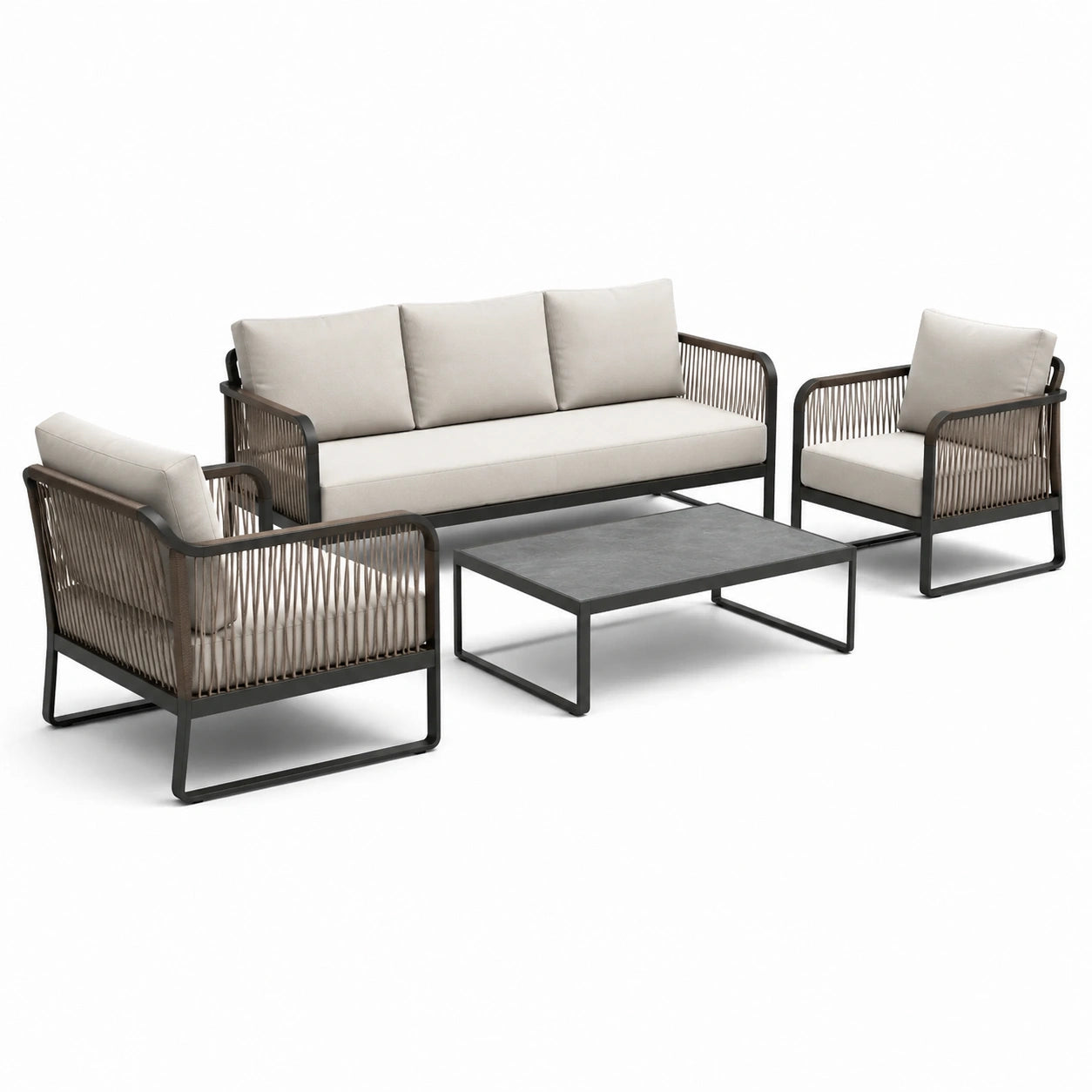 Set salotto da giardino in alluminio con corda e cuscini beige, tavolino in pietra
