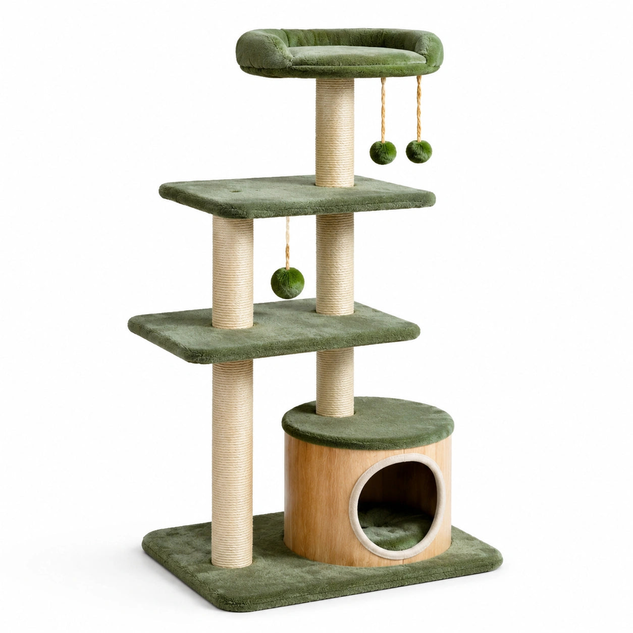 Albero Tiragraffi per Gatti in Legno, Sisal e Velluto Sintetico Verde