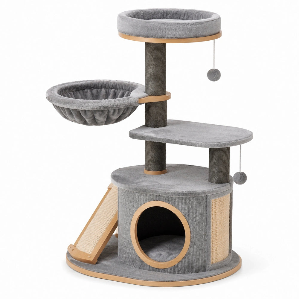Albero Tiragraffi in MDF e Peluche Grigio per Gatti