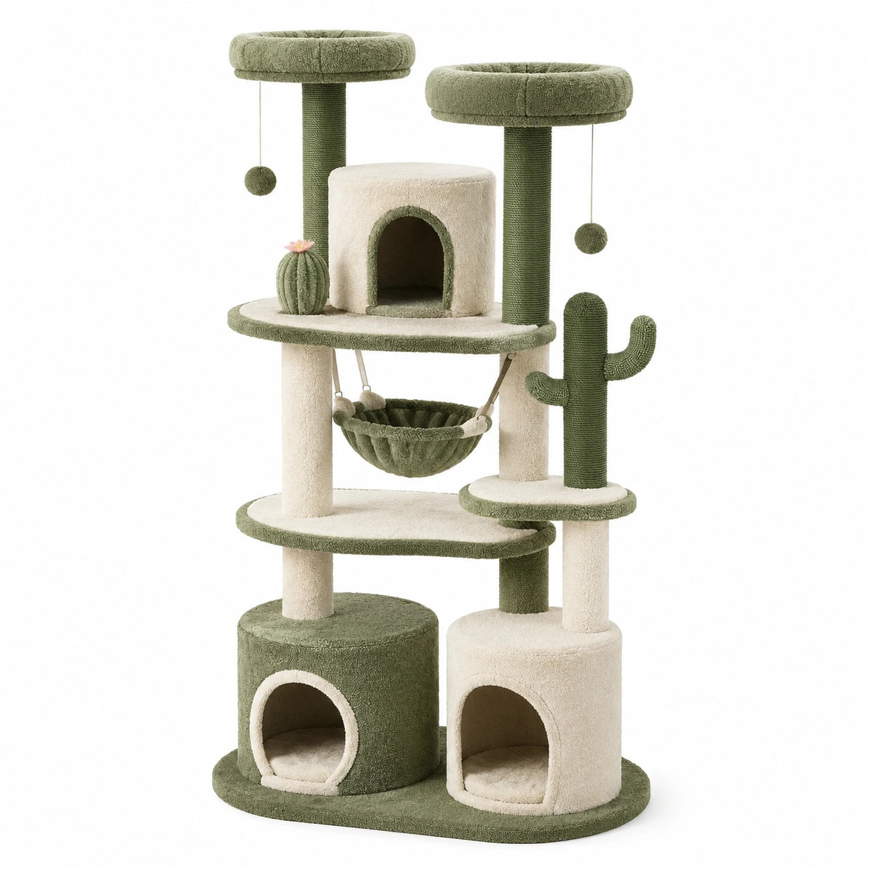 Albero tiragraffi in legno e tessuto verde/beige con giochi e amaca, altezza 130 cm