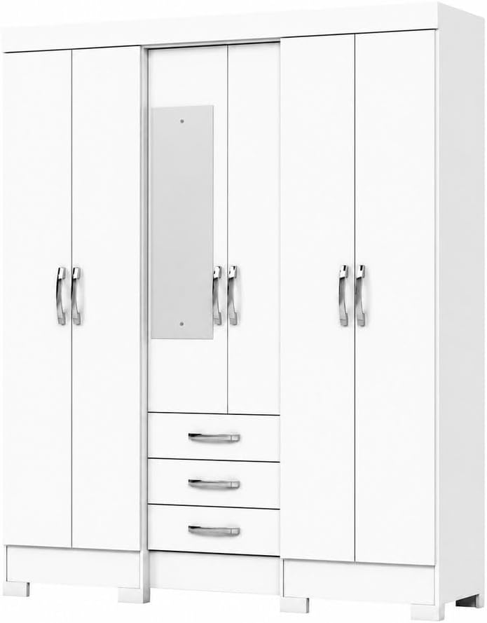 Armadio guardaroba Vicawu, 6 ante, 163 × 46,5 × 200,5 cm, Bianco, per camera da letto