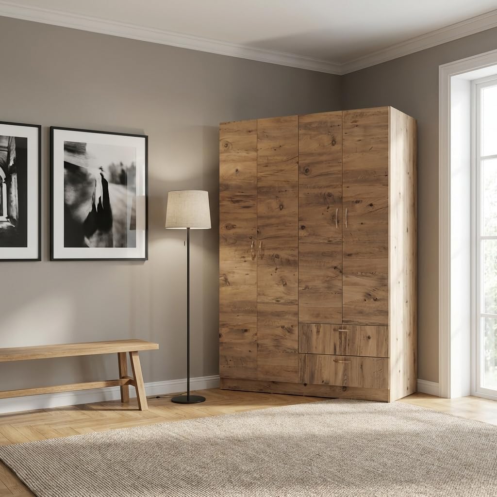Armadio guardaroba DecHome, 120 × 41 × 170 cm, Rovere, 4 ante, 2 cassetti, legno, per camera da letto