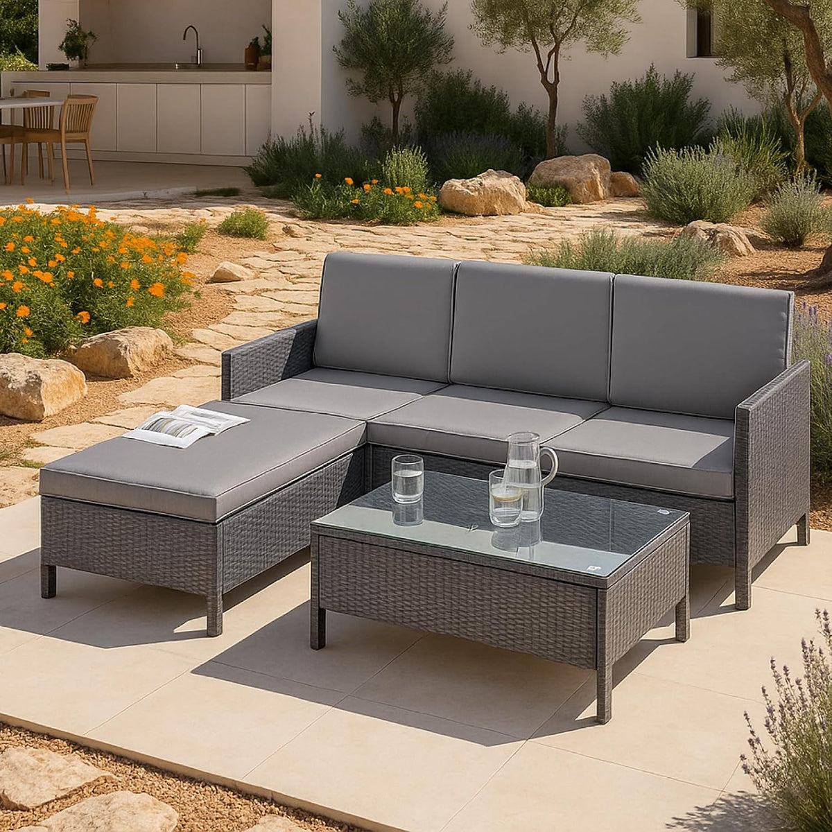 Set di mobili da giardino en.casa, 4 posti, Grigio, 79 × 59 cm, rattan, vetro, con cuscini, per giardino e terrazzo