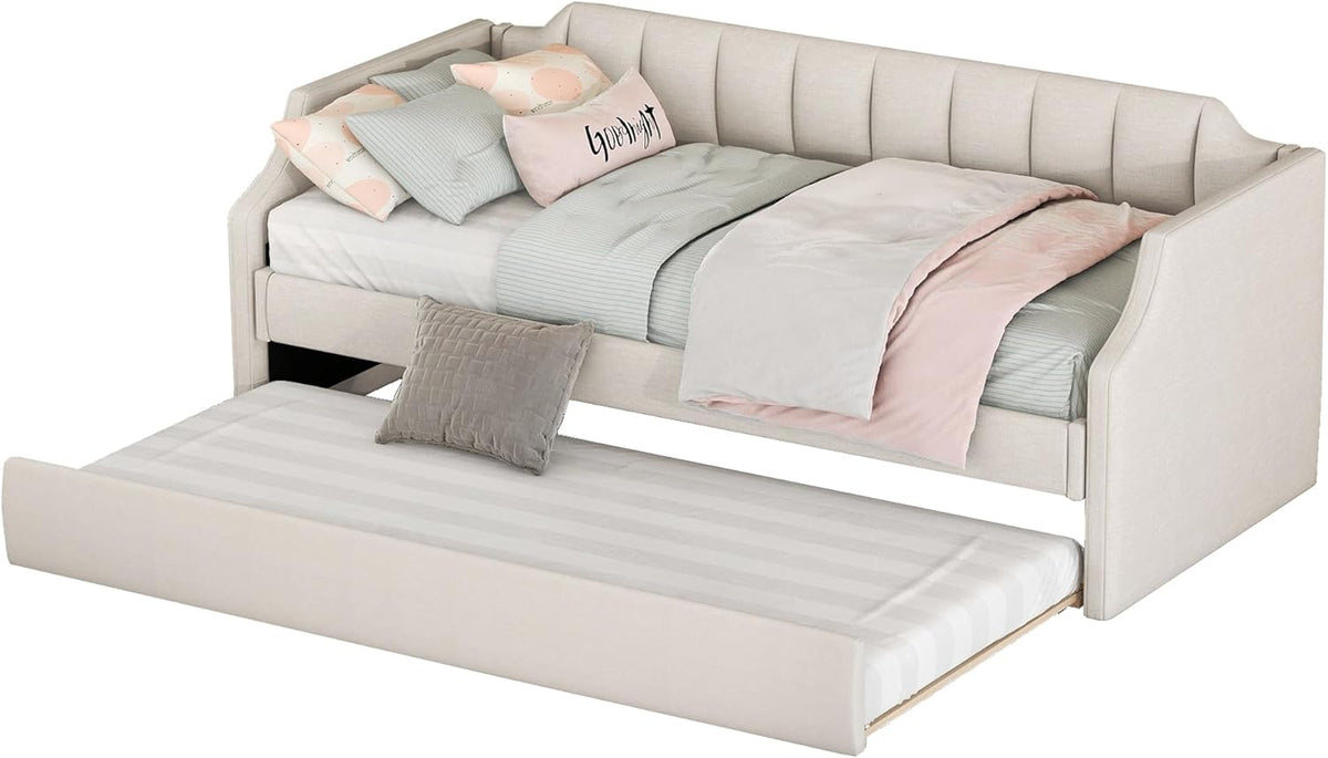 Divano letto Azkoeesy, WX602, Beige, 90 × 200 cm, lino, con rete a doghe, imbottito, per soggiorno