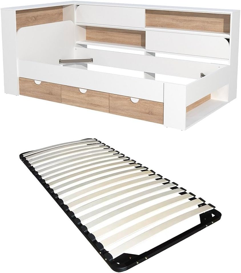 Letto Vente-unique, 90 × 190 cm, Bianco/Naturale, per camera da letto