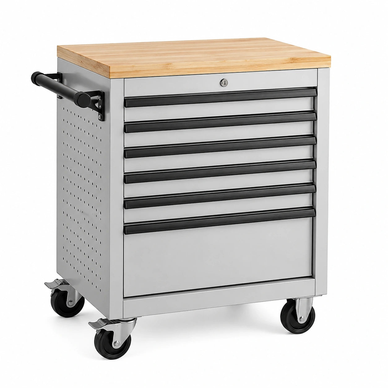 Carrello portautensili in acciaio inox con piano in legno di bambù