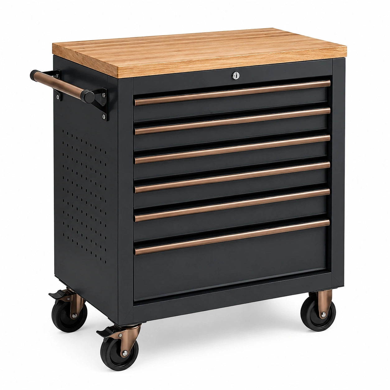 Carrello portautensili in metallo con piano in legno e 6 cassetti
