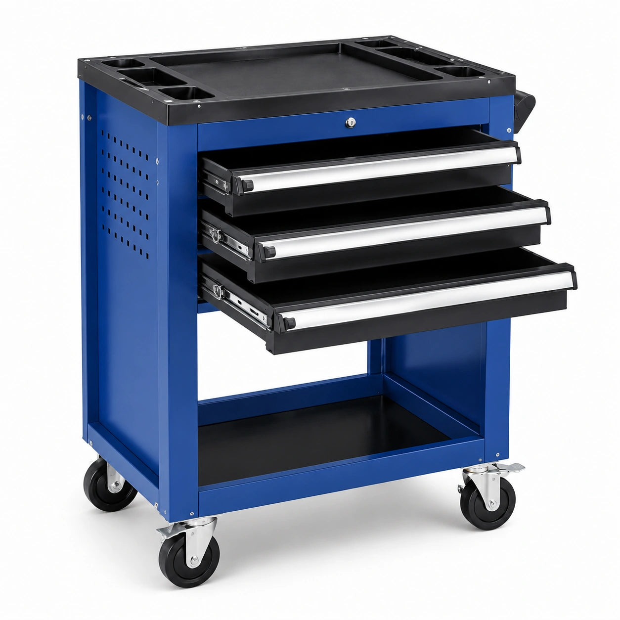 Carrello portautensili in acciaio blu con 3 cassetti e ruote