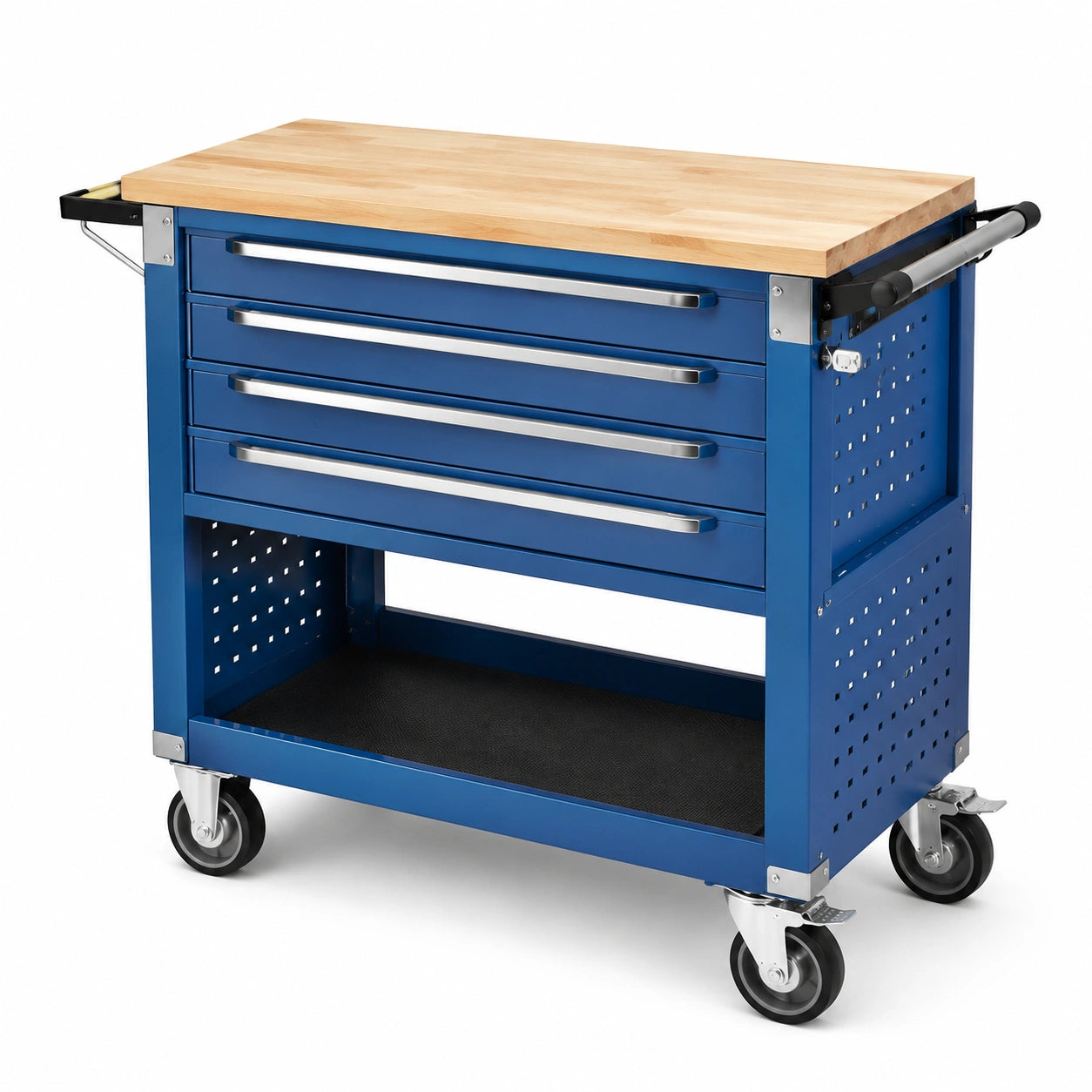 Carrello portautensili con piano in legno e cassetti in metallo blu