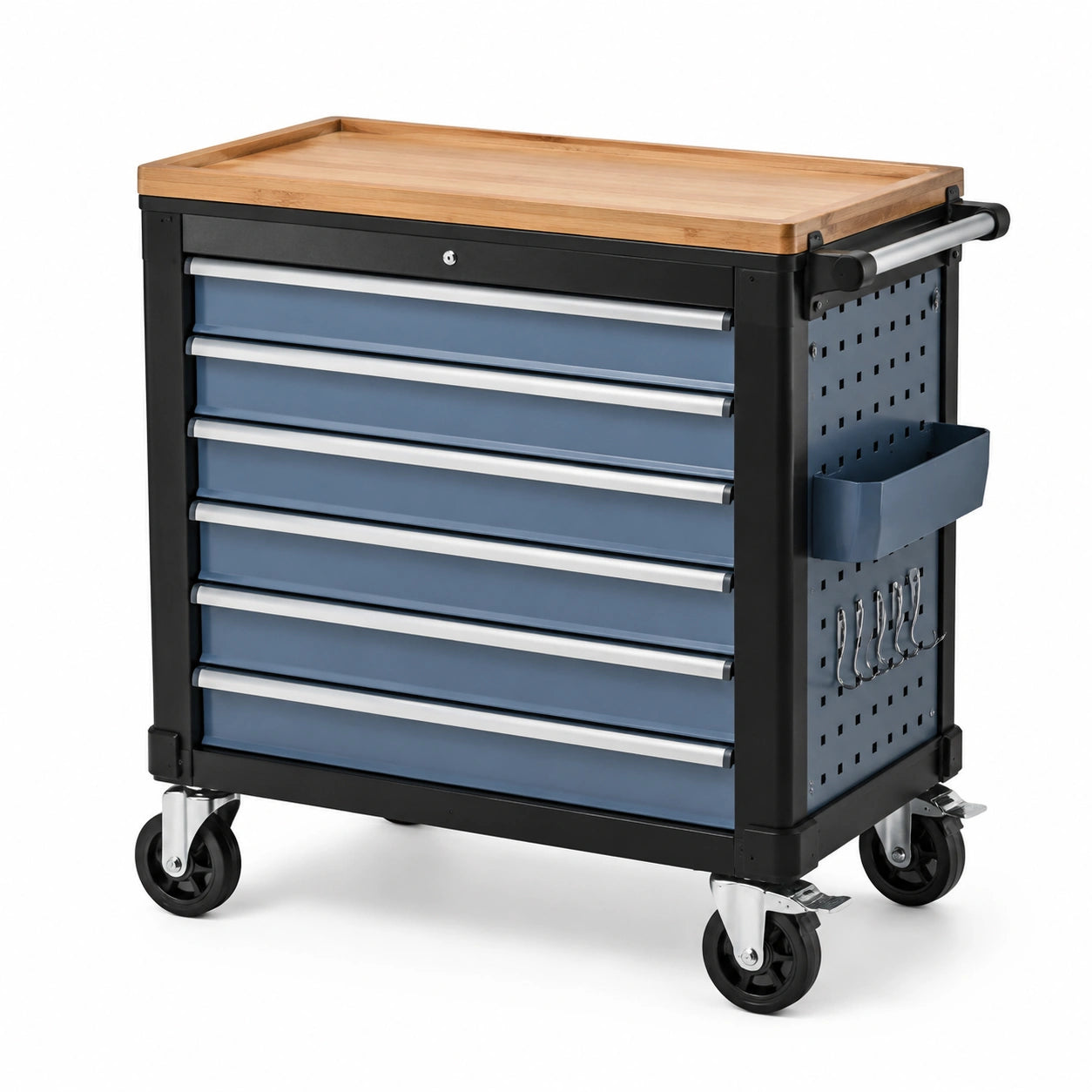 Carrello portautensili in metallo blu con piano in bambù