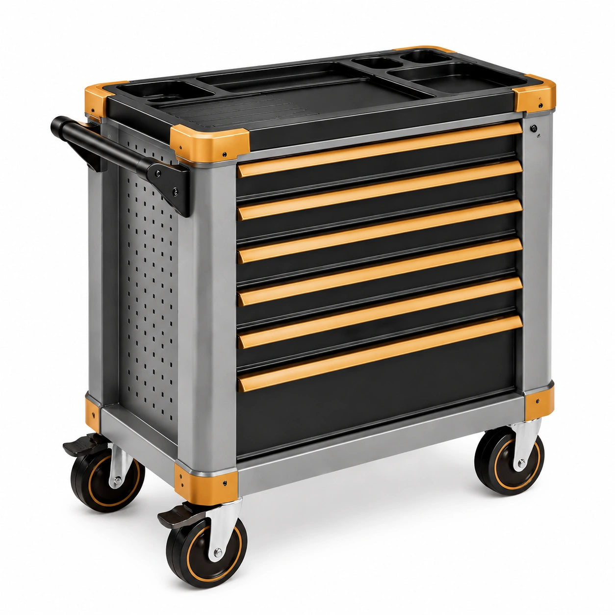 Carrello portautensili in metallo nero e arancione con cassetti