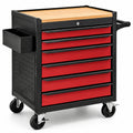 Carrello portautensili in metallo rosso con 6 cassetti e piano in legno
