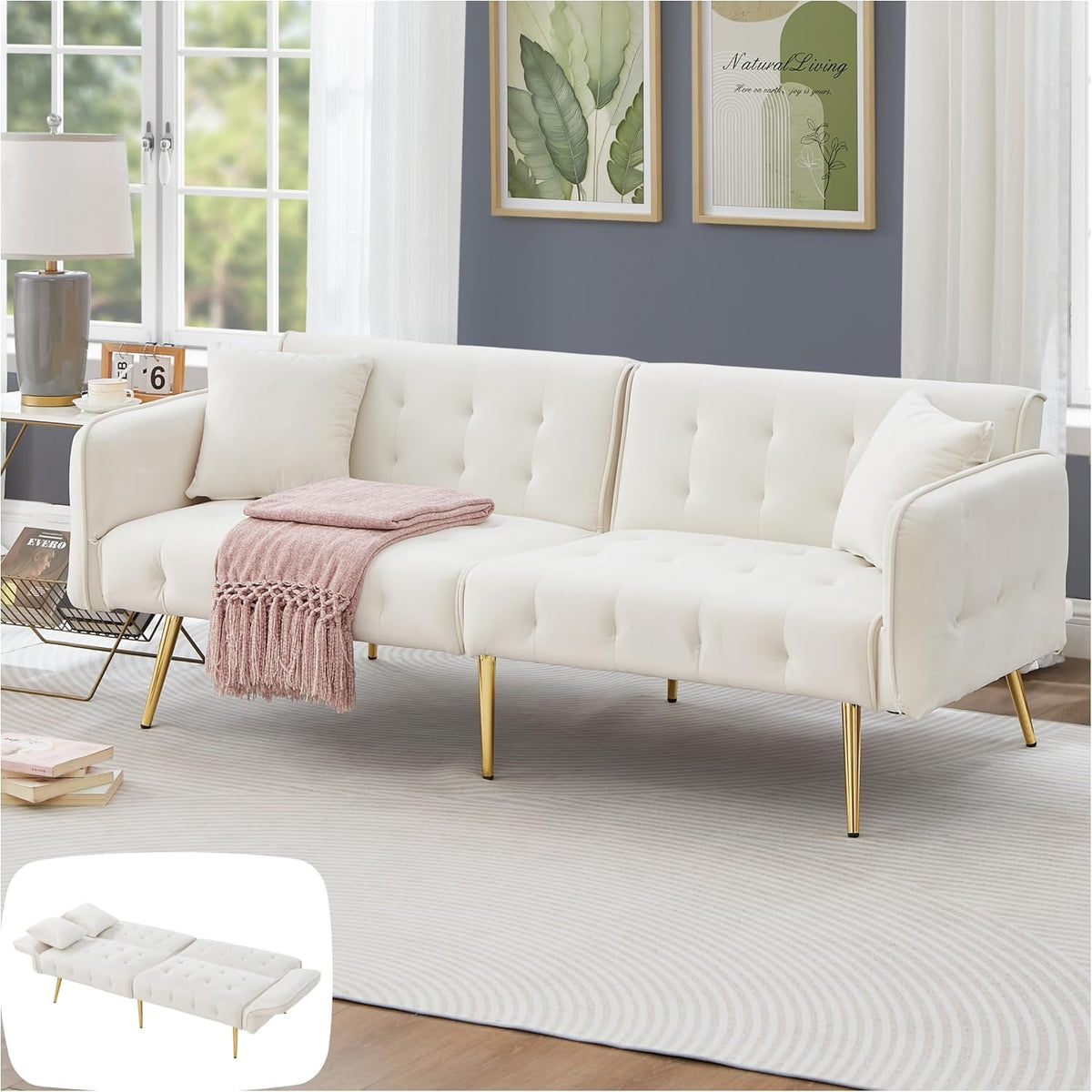 Divano letto Lubvtti, 2 posti, 178 × 82 × 70 cm, velluto, Bianco, trasformabile, regolabile, pieghevole, con braccioli, per soggiorno