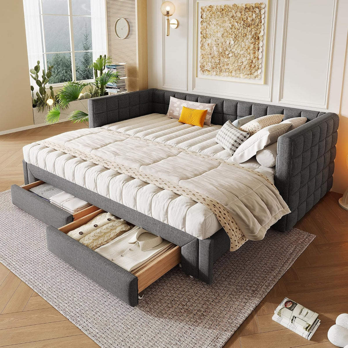 Divano letto NovaFurnish, 2 cassetti, queen size, 90 × 200 cm, MDF, velluto, Grigio, trasformabile, allungabile, per soggiorno