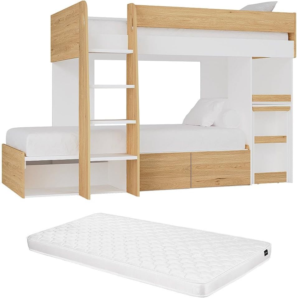 Letto a castello Vente-unique LOMIDEN, 2 × 90 × 190 cm, materasso incluso, Bianco, per camera da letto
