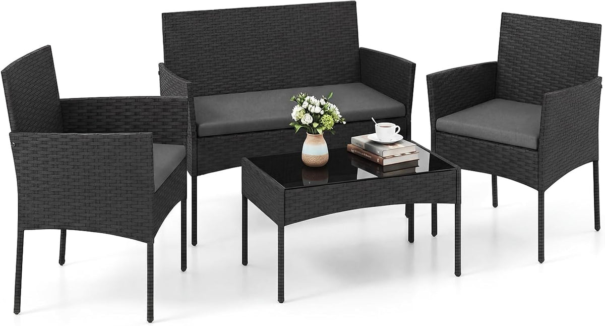 COSTWAY Set di mobili da giardino, Grigio, 4 pezzi, rattan, per giardino e terrazzo