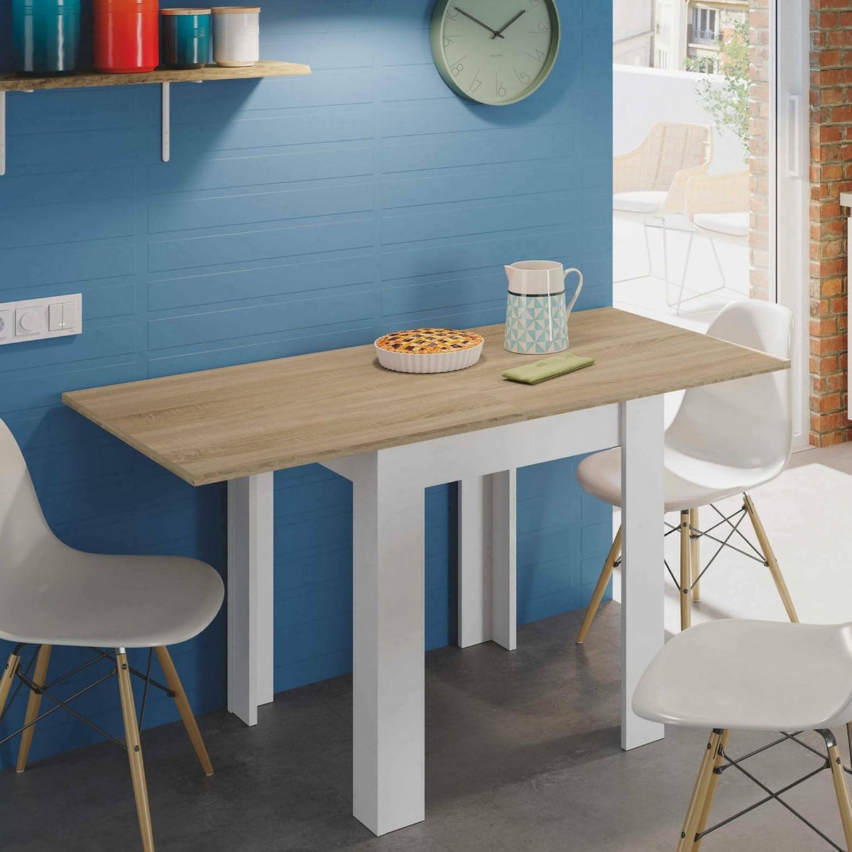 Dmora Tavolo pieghevole, 67 × 67 cm, Bianco/Rovere, allungabile, per sala da pranzo e cucina