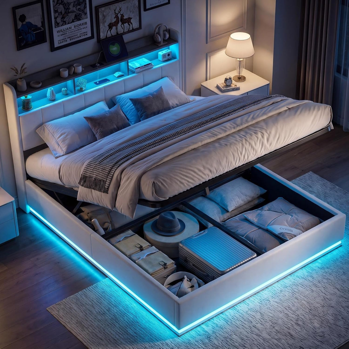 Letto BPKADHY, matrimoniale, 160 × 200 cm, velluto, Bianco, con funzione letto, con contenitore, con rete a doghe, con illuminazione LED