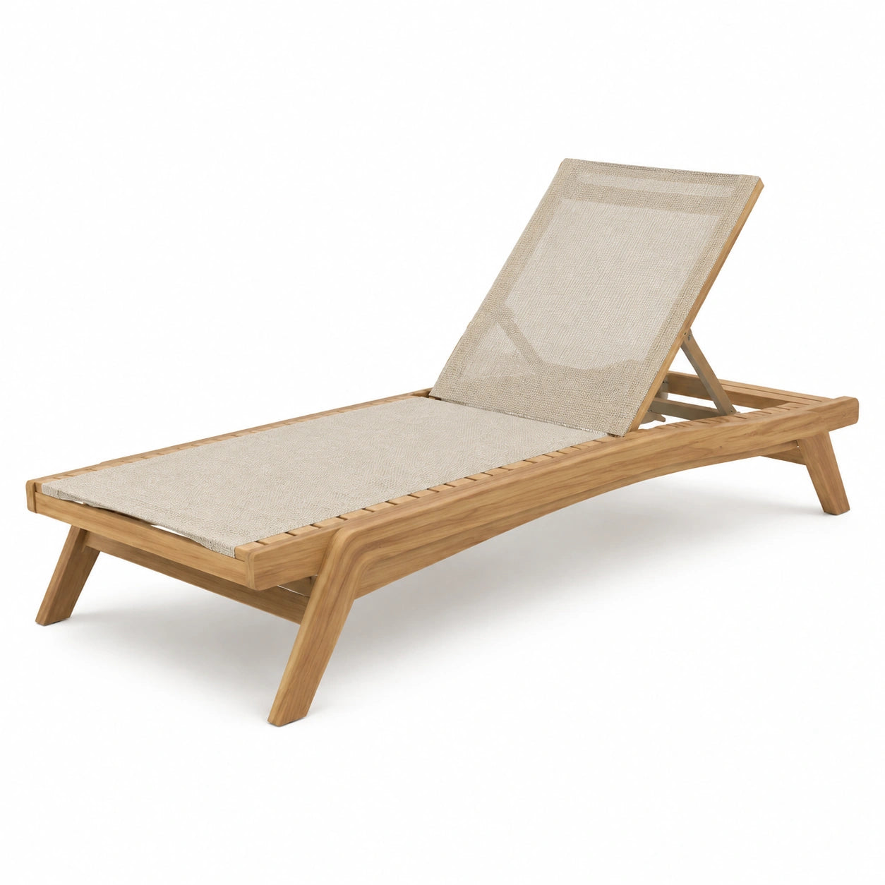Lettino prendisole in legno di teak con tessuto poliestere beige