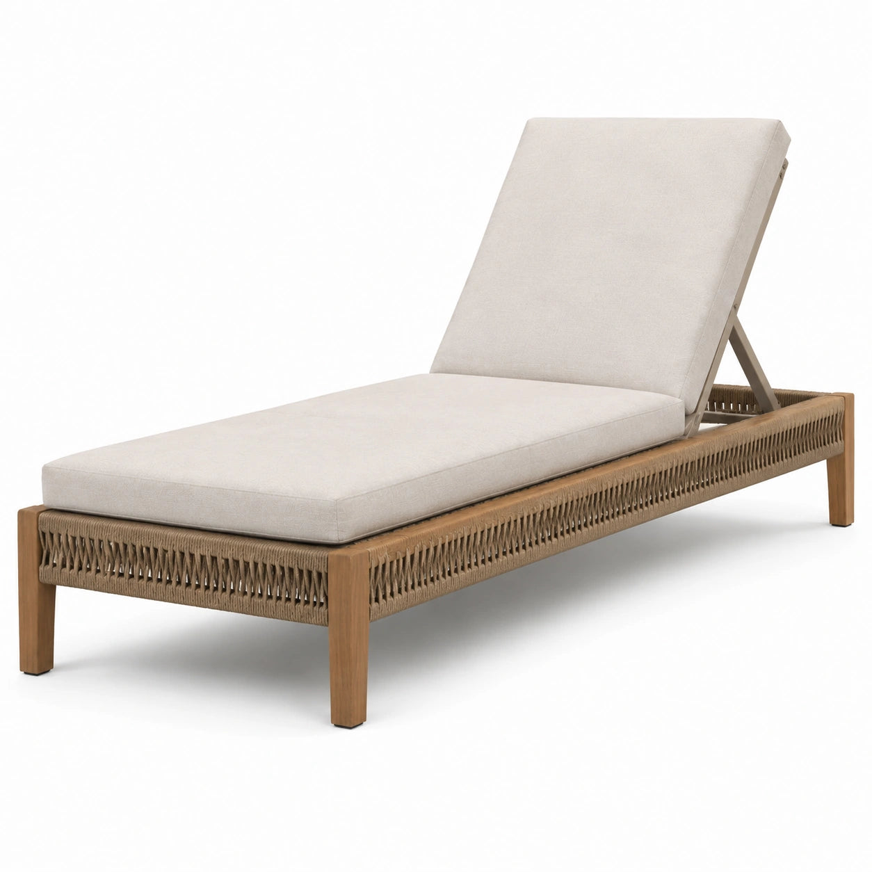 Lettino prendisole in legno teak con cuscini beige