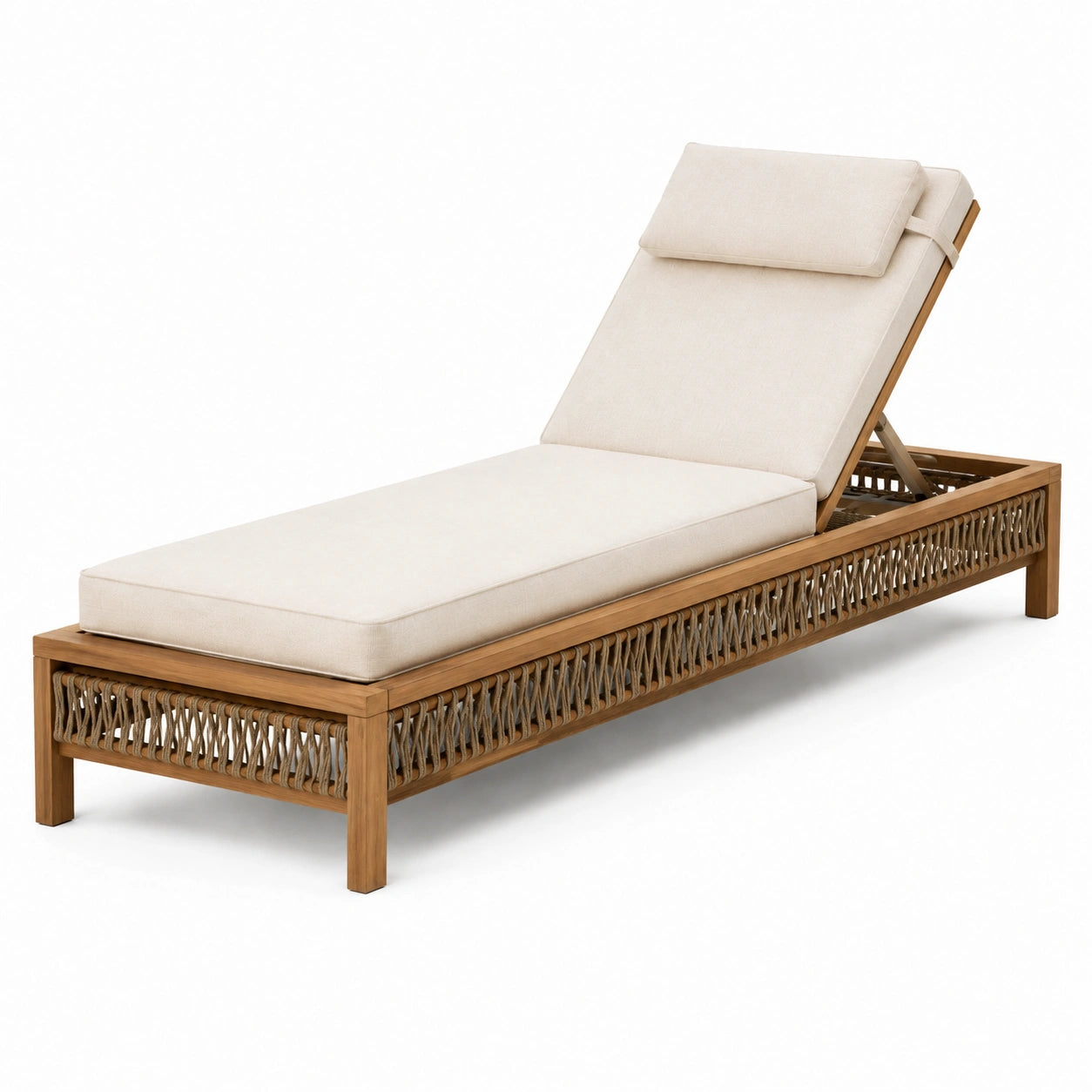 Lettino prendisole in legno teak regolabile con cuscini crema