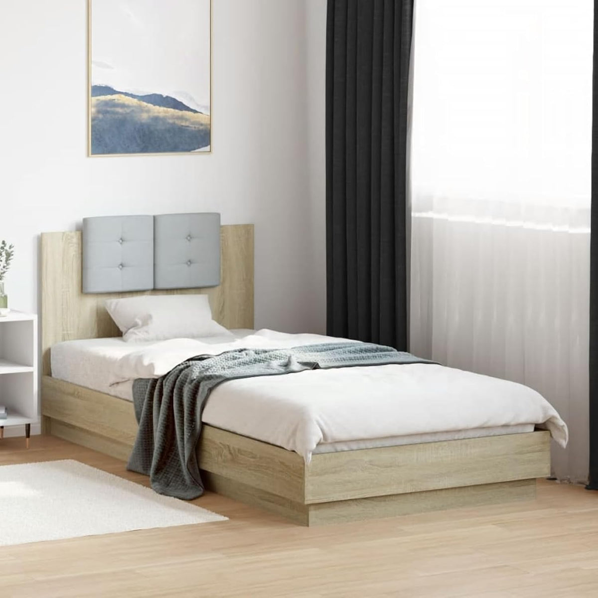 Struttura letto Fecpoo, 100 × 200 cm, legno, Rovere, con illuminazione LED, con porta USB, per camera da letto