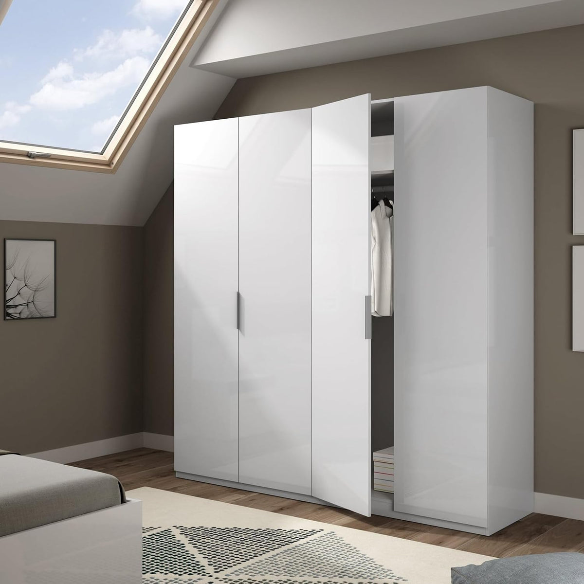 Armadio guardaroba Dmora, 4 ante, 2 ripiani, Bianco, con contenitore, per camera da letto