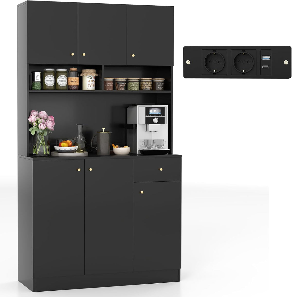 COSTWAY Credenza, 6 ante, Nero, 100 × 40 × 181 cm, regolabile, per soggiorno e sala da pranzo