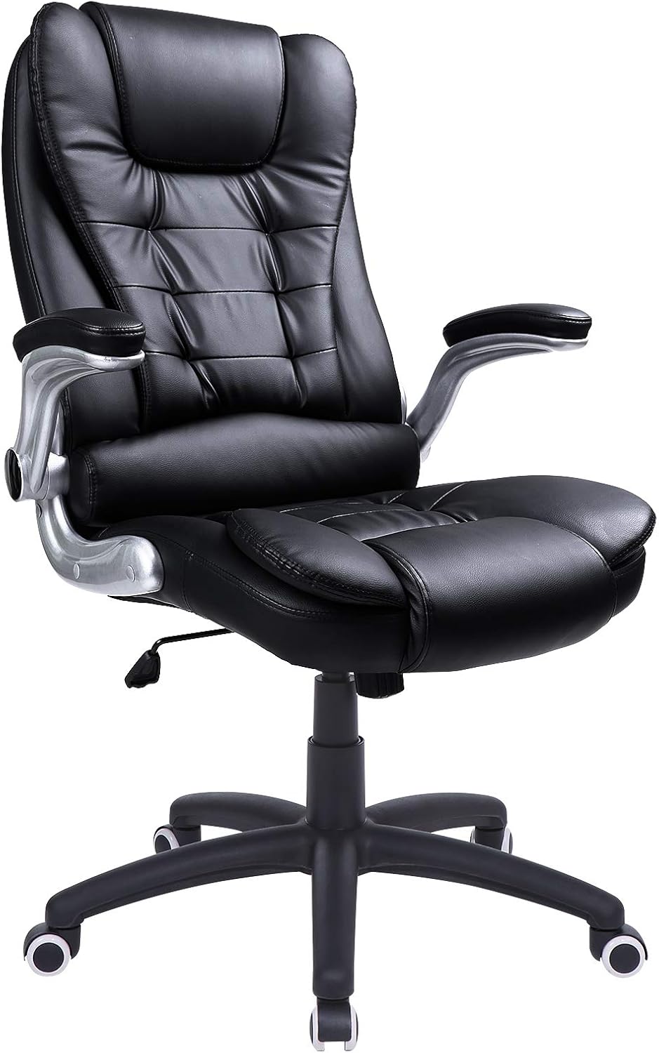 Sedia da ufficio SONGMICS OBG51B, 77 × 33 × 65 cm, similpelle, Nero, girevole a 360°, con ruote, con braccioli, imbottita, per ufficio