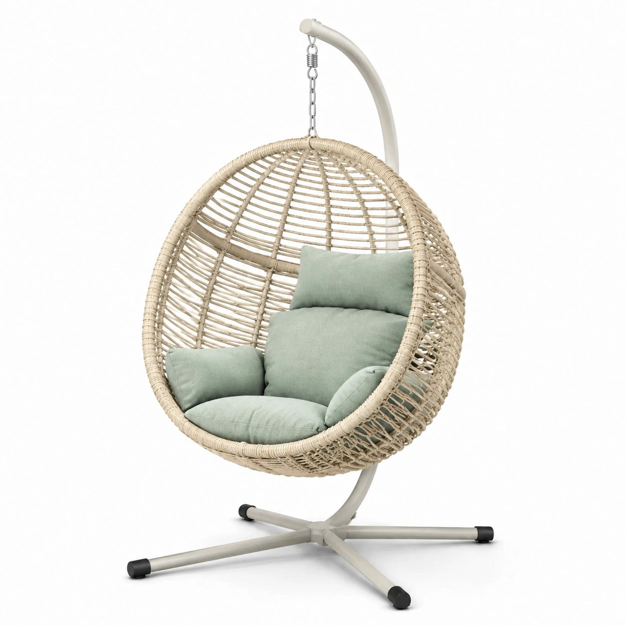 Poltrona sospesa in rattan con supporto in acciaio e cuscini verde menta