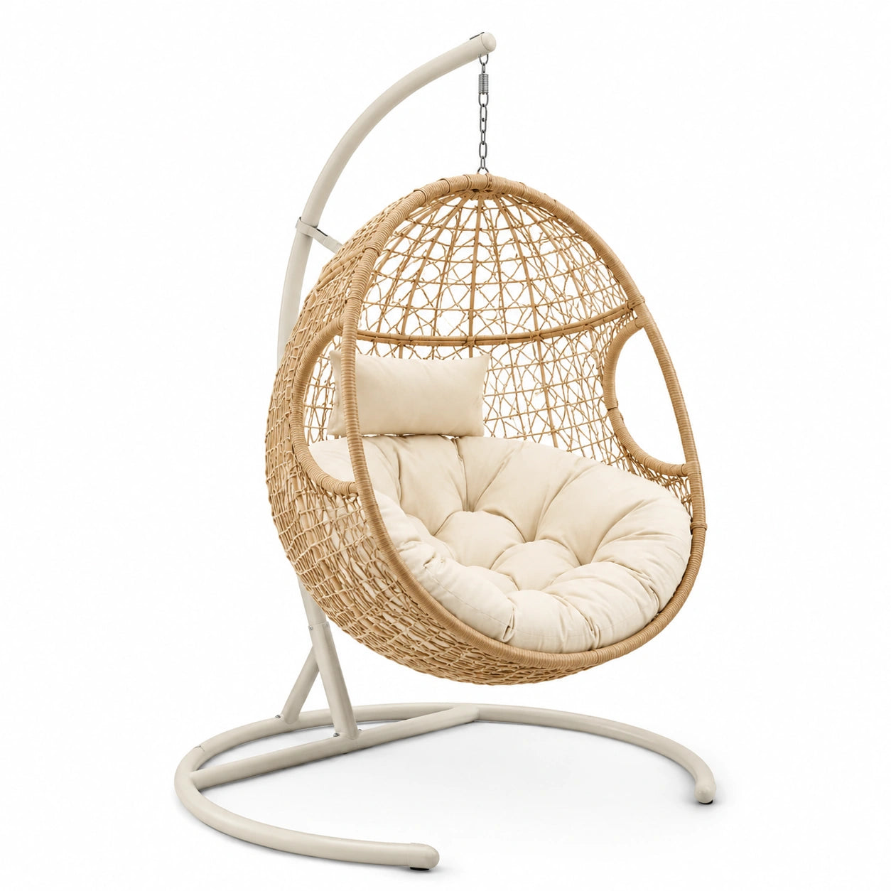 Sedia a dondolo in polyrattan con cuscino beige e struttura in metallo