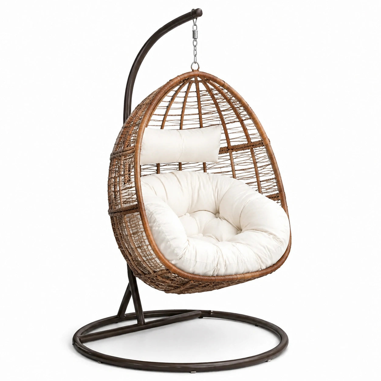 Poltrona Sospesa in Rattan Sintetico Marrone con Cuscini in Poliestere Bianco