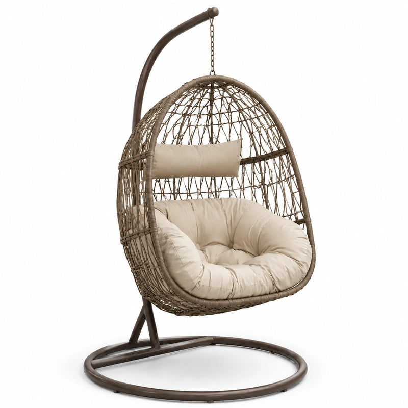 Sedia sospesa in rattan sintetico con cuscino beige
