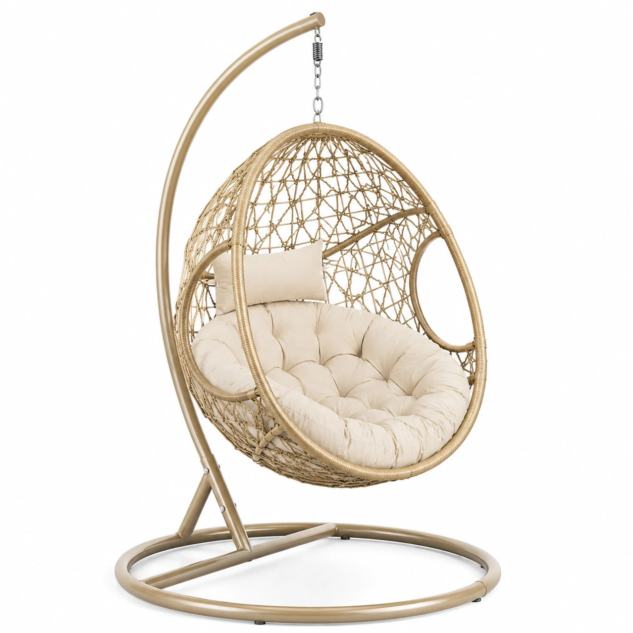 Sedia Pensile in Metallo e Rattan Sintetico Beige con Cuscino