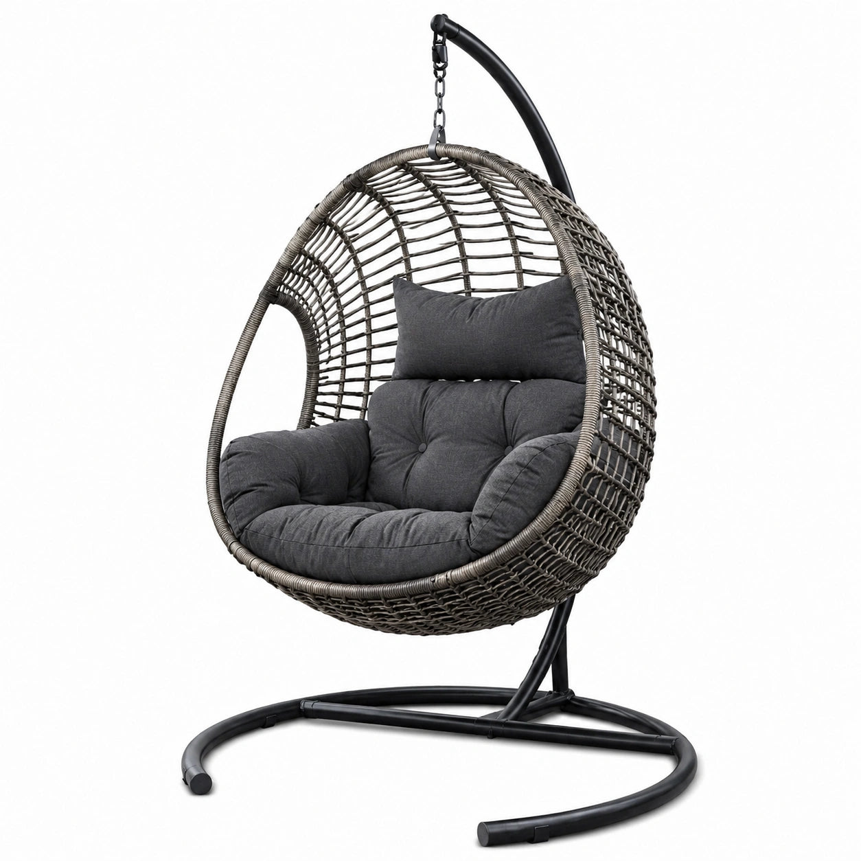 Sedia sospesa in rattan sintetico con cuscini grigio scuro e struttura in acciaio