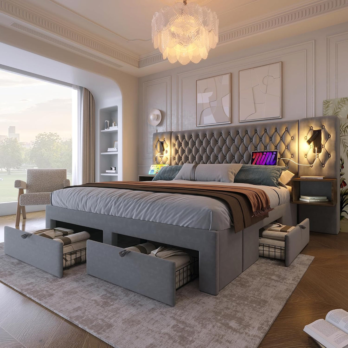 Set di mobili per camera da letto Oxtao, 4 cassetti, matrimoniale, 160 × 200 cm, velluto, tessuto, Grigio, con porta USB