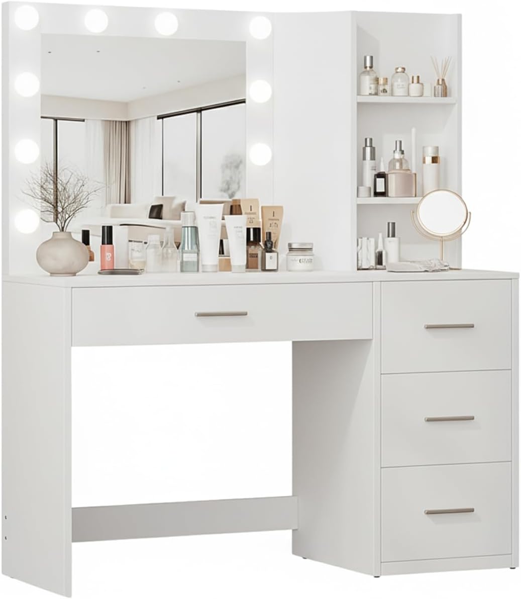 Specchio Avilia, 4 cassetti, 3 ripiani, MDF, con illuminazione LED, per ufficio, 12 Lampadine, 3 Tonalità di Luce