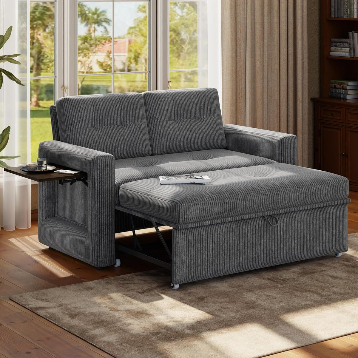 Divano letto YOUDENOVA, 2 posti, 3 in 1, Grigio scuro, con cuscino, trasformabile, con funzione letto, reclinabile, regolabile, per soggiorno