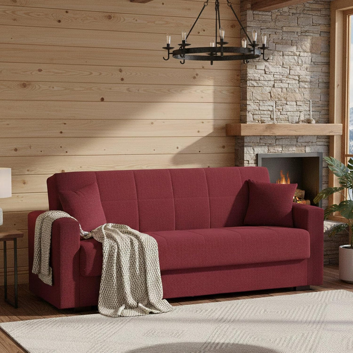 Divano letto Dmora, 3 posti, tessuto, Rosso, con contenitore, imbottito, per soggiorno