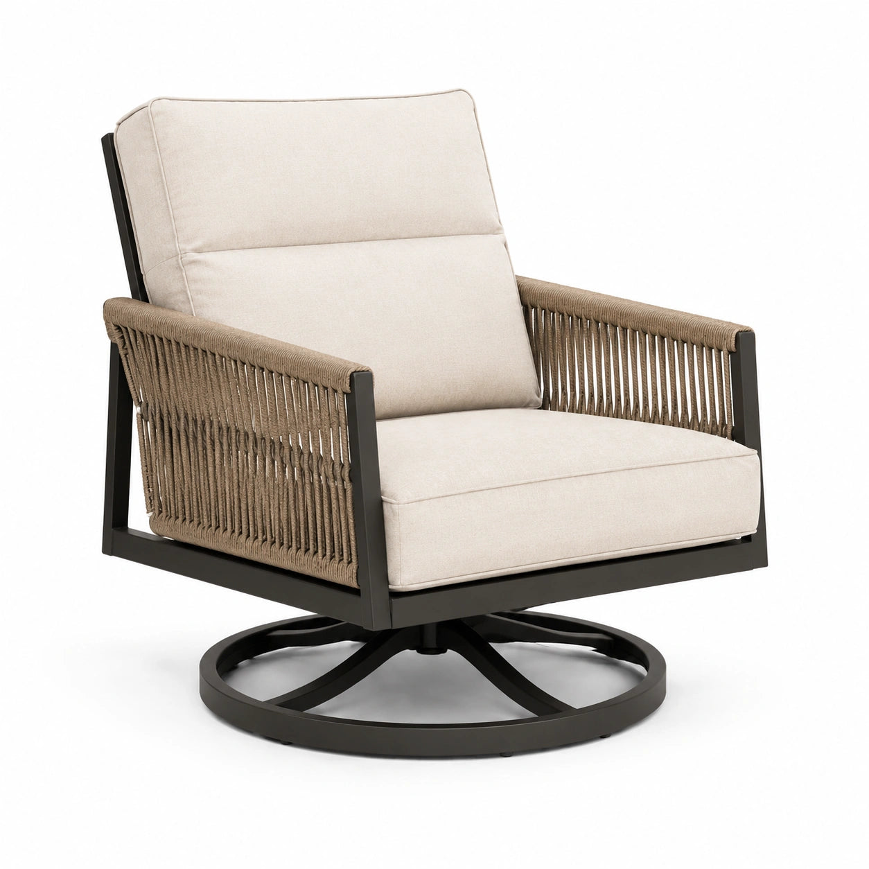 Poltrona girevole in alluminio e corda sintetica beige