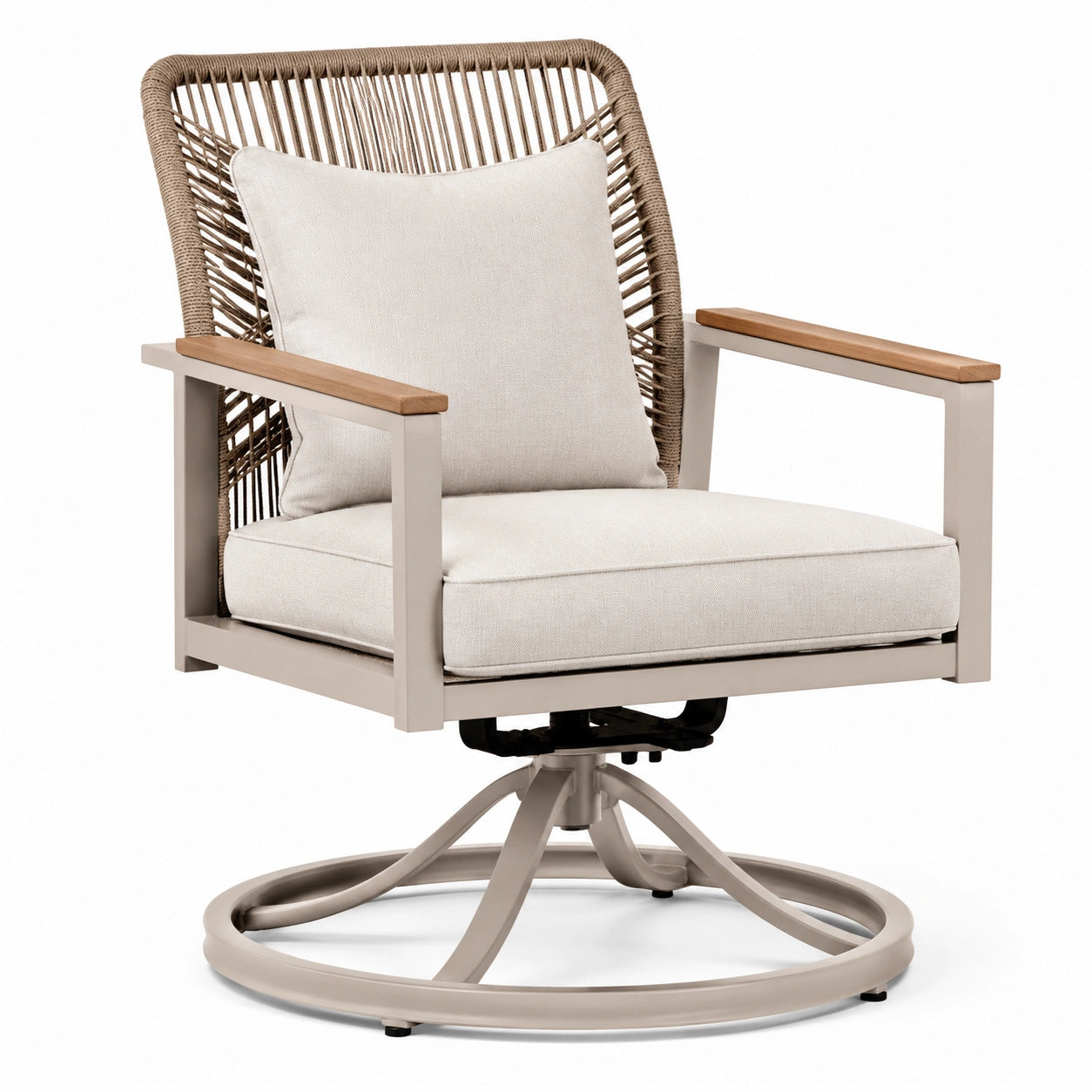 Sedia girevole da esterno in metallo e rattan con cuscino beige