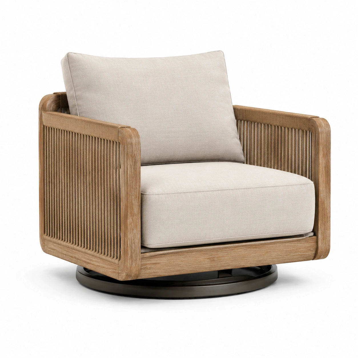 Poltrona girevole in legno teak e tessuto poliestere beige