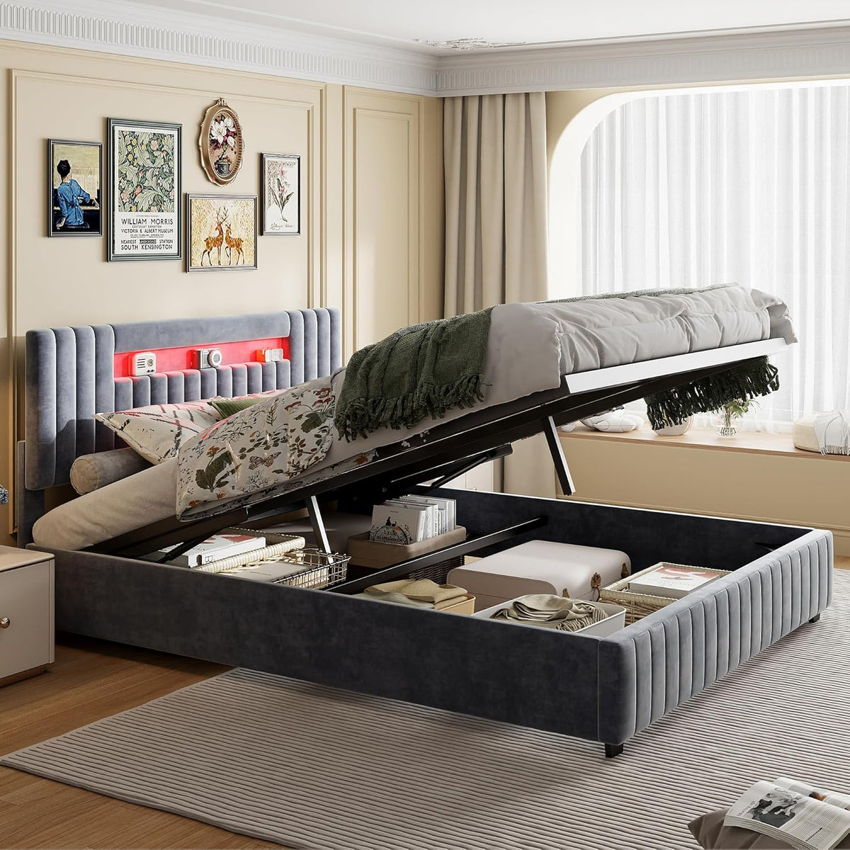 Letto contenitore JDEFARF, matrimoniale, 160 × 200 cm, velluto, Grigio, con contenitore, imbottito, per camera da letto