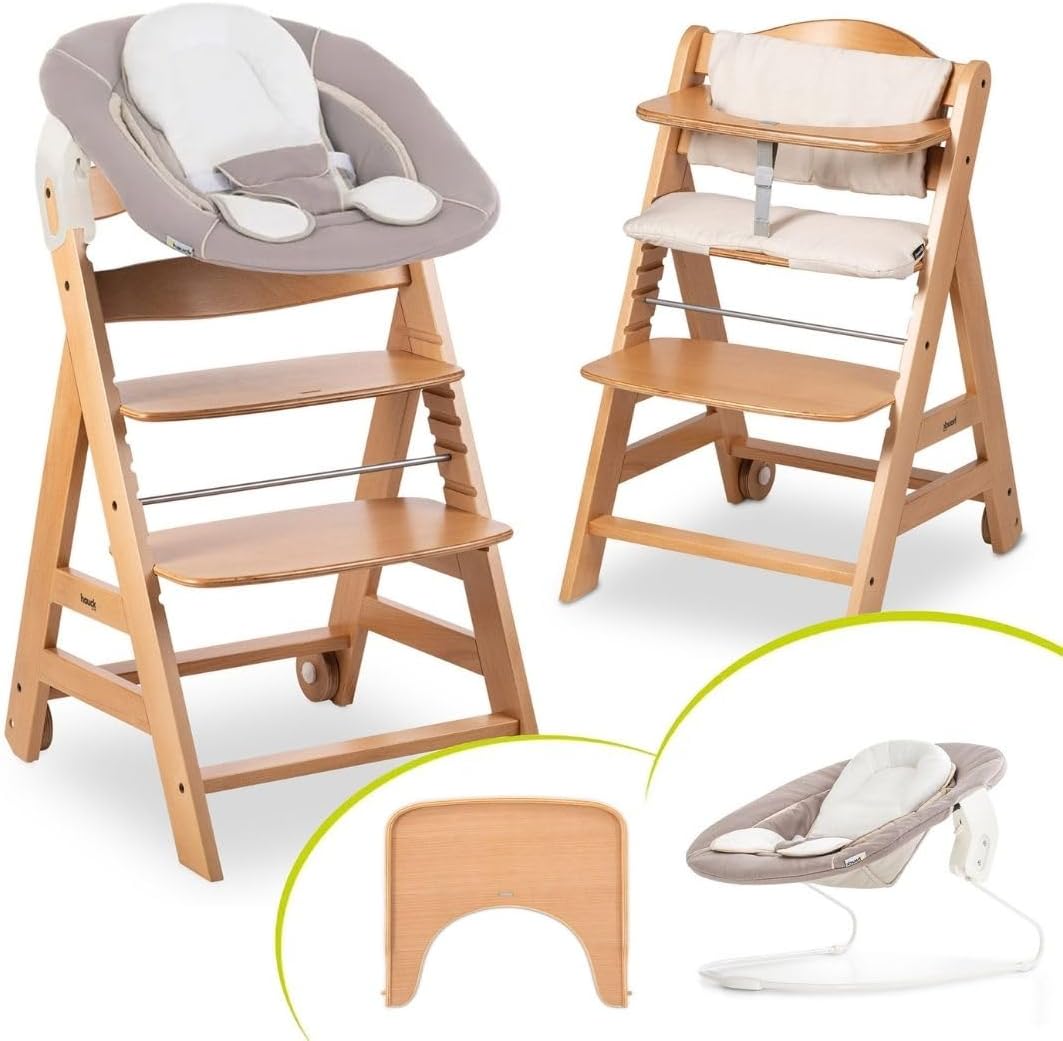 Seggiolone hauck, legno, Naturale, regolabile, con poggiapiedi, con Sdraietta Neonati 2in1 (Dondolo Neonati)