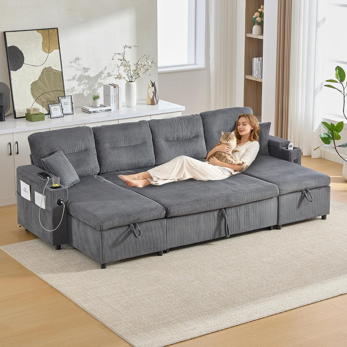 Divano letto Lubvtti, 4 posti, 272 × 136 × 86 cm, velluto, Antracite, con braccioli, con porta USB, per soggiorno